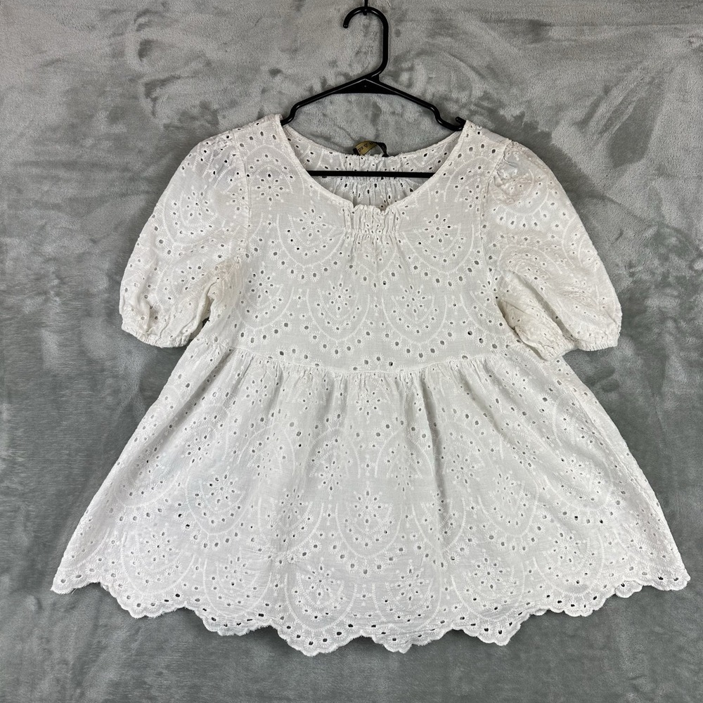Ana & Rose Top Blouse Women's M White Eyelet Puff Sleeve Cotton